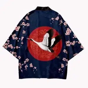 Crane and Red Sun Cherry Blossom Navy Kimono