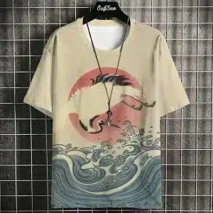 Crane and Waves Ukiyo-e Beige T-Shirt