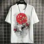 Cranes and Japanese Flag Streetwear White T-Shirt