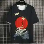 Cranes and Waves Black with Red Sun T-Shirt