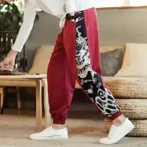 Crimson Dragon Embroidery Red and Black Joggers