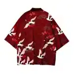 Crimson Japanese Wave Pattern Cranes Kimono