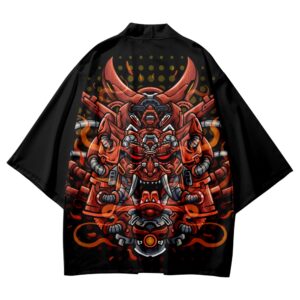 Cyber Futuristic Red Oni Mask Samurai Kimono