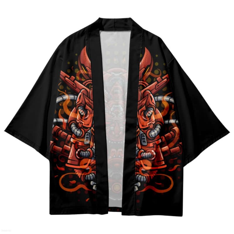 Cyber Futuristic Red Oni Mask Samurai Kimono - Front