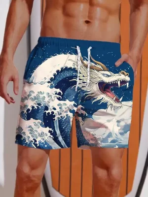 Dragon Wave Fury Navy Blue Beach Shorts