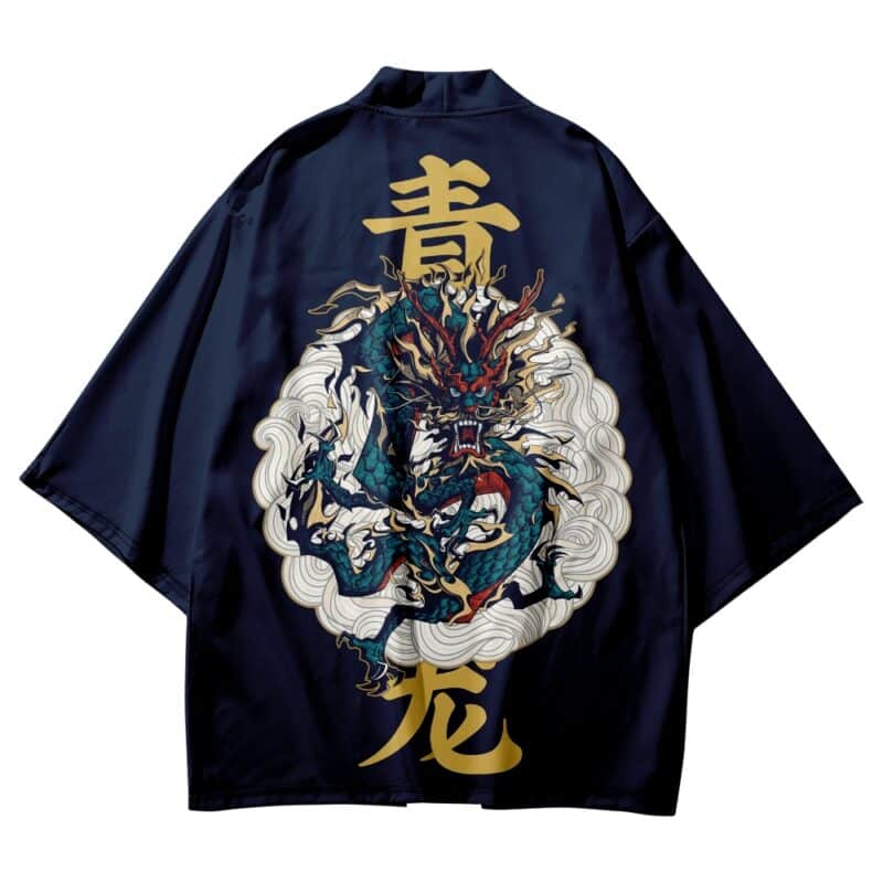 Dragon and Gold Kanji Navy Kimono Cardigan