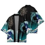 Dragon and Kanagawa Wave Black and Teal Kimono