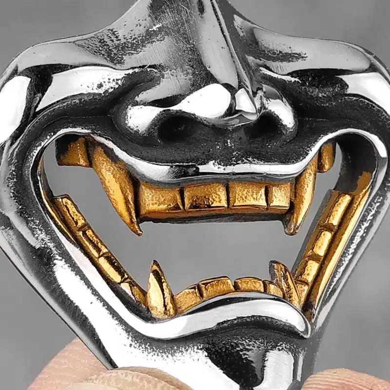 Dual-Toned Oni Mask Pendant Necklace with Gold Teeth