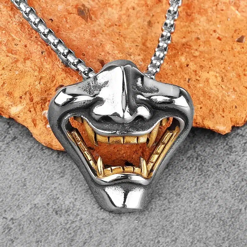 Dual-Toned Oni Mask Pendant Necklace with Gold Teeth