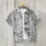 Elegant Samurai Grey Bamboo Print Linen Shirt