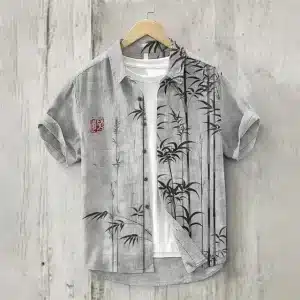 Elegant Samurai Grey Bamboo Print Linen Shirt