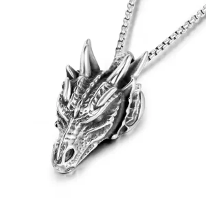 Ferocious Dragon Head Silver Pendant Necklace