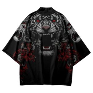 Ferocious Tiger Artwork Black Kimono Cardigan