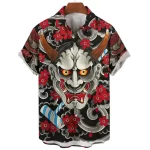 Fierce Oni Mask and Blossoms Black Button-Up Shirt