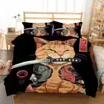 Fierce Samurai Cat Black and Orange Bedding Set