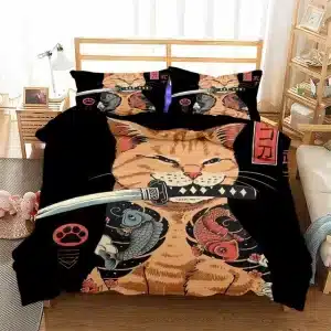 Fierce Samurai Cat Black and Orange Bedding Set