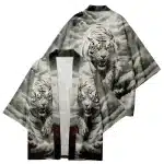 Fierce Tiger in Clouds Gray Kimono Cardigan