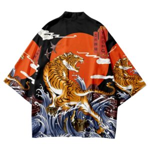 Fiery Tiger and Waves Japanese Art Kimono Shirt