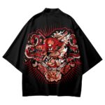 Fire Dragon Floral Design Black Kimono