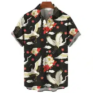 Floral and Cloud Design Black Crane Hawaiian Shirt