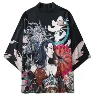 Floral and Samurai Art Fierce Geisha Kimono