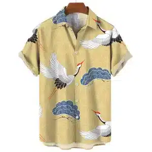 Geometric Pattern Beige Crane Hawaiian Shirt