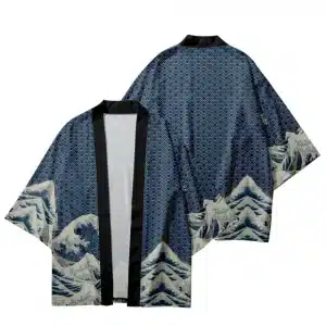 Great Wave Pattern Navy Blue Kimono Cardigan