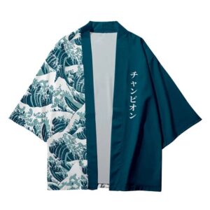 Great Wave off Kanagawa Teal Kimono Shirt