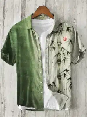 Green and Beige Bamboo Print Linen Shirt