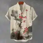 Hand-Painted Lotus Flower Design Linen Shirt