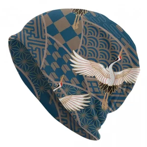 Japanese Art Crane Blue and Beige Beanie