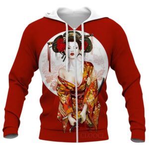 Japanese Art Red Geisha Warrior Zip-Up Hoodie