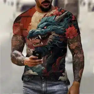 Japanese Mythical Dragon Red and Teal T-Shirt