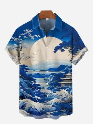 Japanese Scenic Design Blue Button-Up Shirt