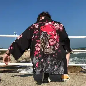 Koi Cherry Blossoms Black Stylish Kimono