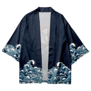 Koi Fish and Red Sun Navy Ukiyo-e Kimono - Front