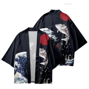 Koi Wave Navy and Red Ukiyo-e Kimono Shirt