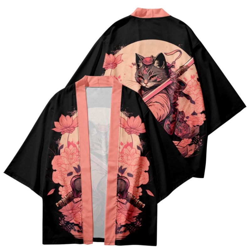 Lotus Cute Samurai Cat Black and Pink Kimono