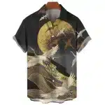 Majestic Night Crane Golden Moon Hawaiian Shirt