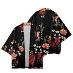 Midnight Blossom Elegant Black Floral Kimono