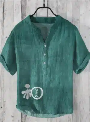 Minimalist Japanese Symbol Teal Henley Shirt