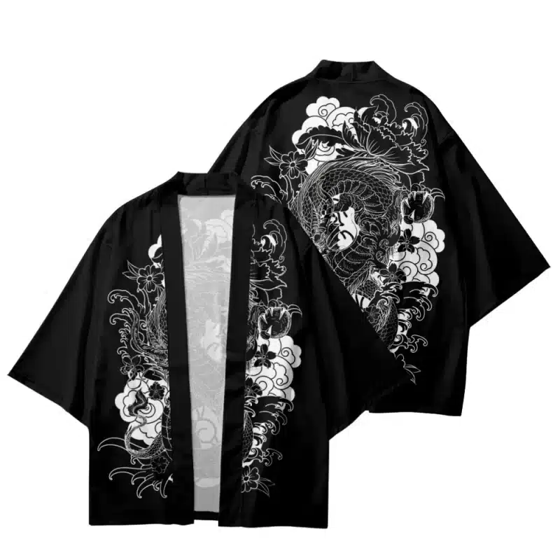 Monochrome Japanese Art Dragon Kimono Cardigan