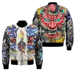 Multicolor Oni Mask Serpent Artwork Bomber Jacket