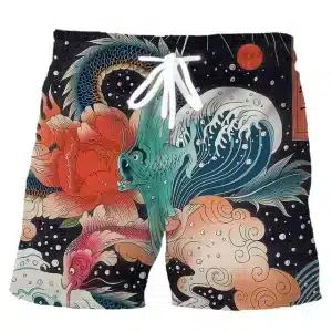 Mystic Koi and Dragon Waves Samurai Beach Shorts