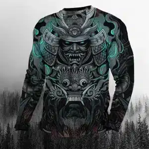 Mystic Samurai Demon Grey and Teal Long Sleeve Shirt