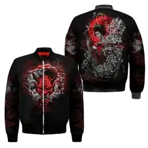 Mystical Red Oni Demon and Geisha Bomber Jacket