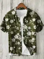 Olive Green Floral White Blossom Linen Shirt