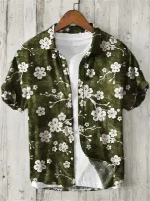 Olive Green Floral White Blossom Linen Shirt