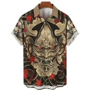 Oni Demon and Maple Leaves Art Hawaiian Shirt