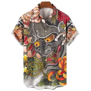 Oni Demon with Floral Pattern Button-Up Shirt